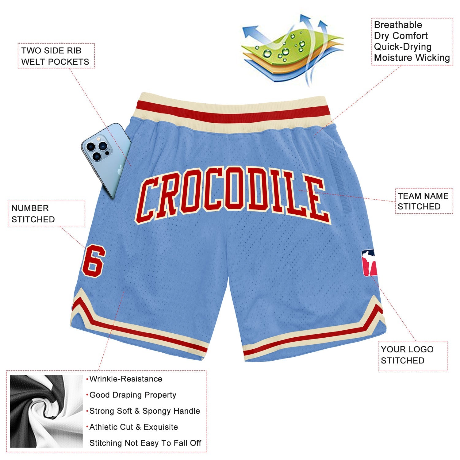 Custom Light Blue Red-Cream Authentic Throwback Basketball Shorts view 2