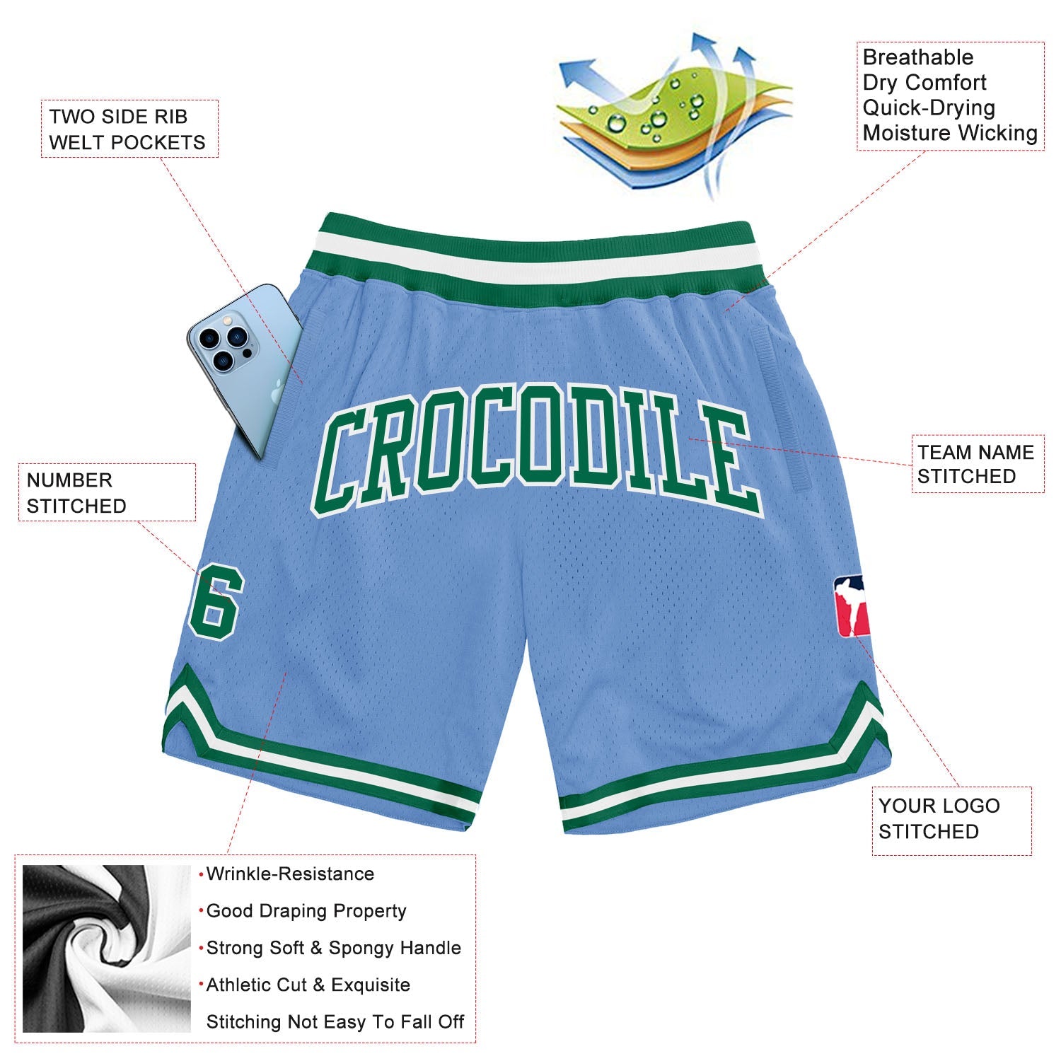 Custom Light Blue Kelly Green-White Authentic Throwback Basketball Shorts view 2