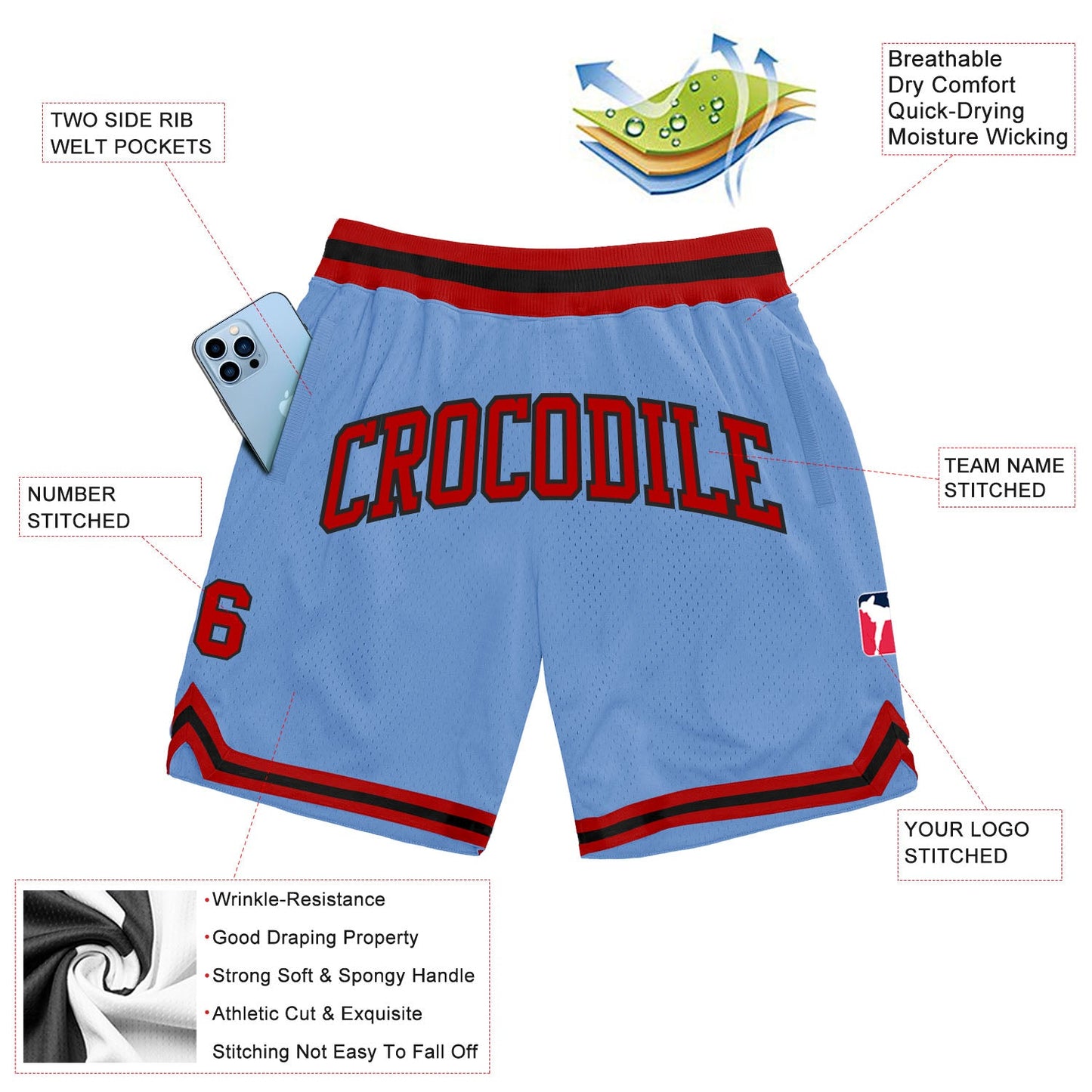 Custom Light Blue Red-Black Authentic Throwback Basketball Shorts view 2