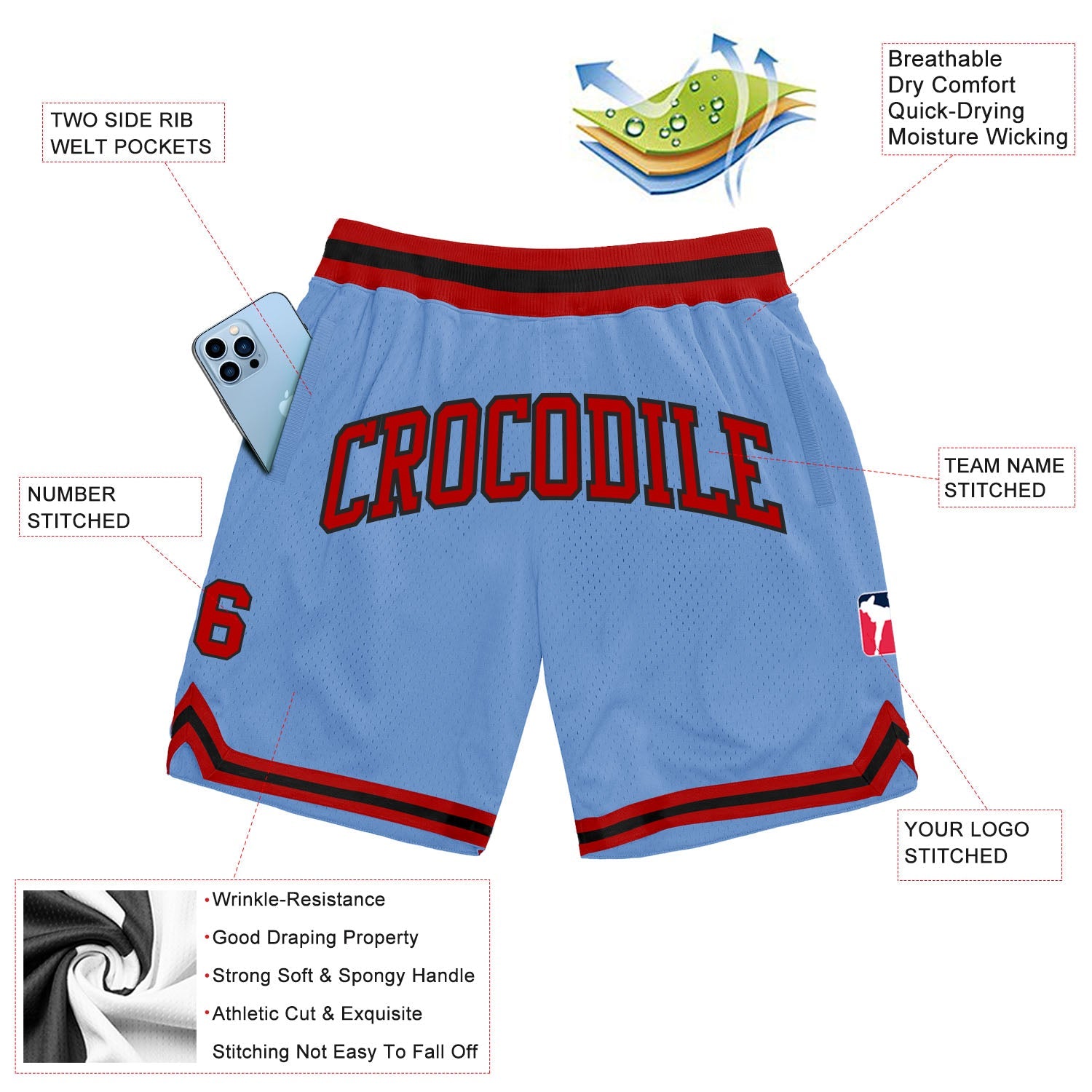 Custom Light Blue Red-Black Authentic Throwback Basketball Shorts view 2