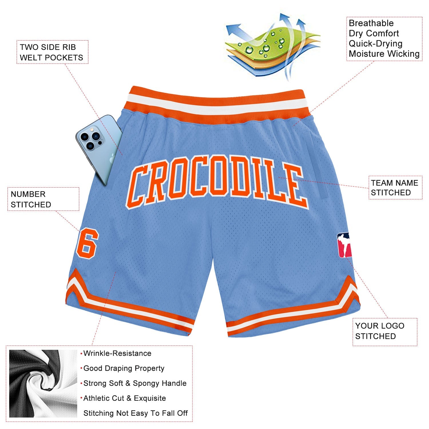 Custom Light Blue Orange-White Authentic Throwback Basketball Shorts view 2