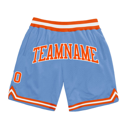 Custom Light Blue Orange-White Authentic Throwback Basketball Shorts - Main View