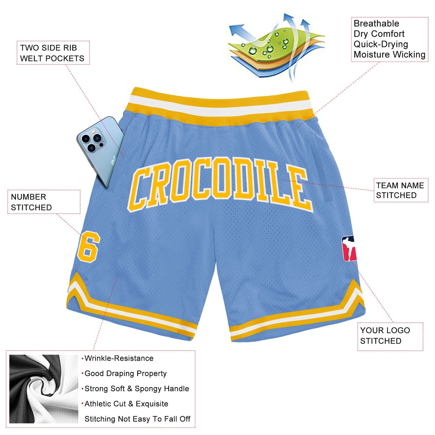 Custom Light Blue Gold-White Authentic Throwback Basketball Shorts view 2