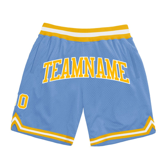 Custom Light Blue Gold-White Authentic Throwback Basketball Shorts - Main View