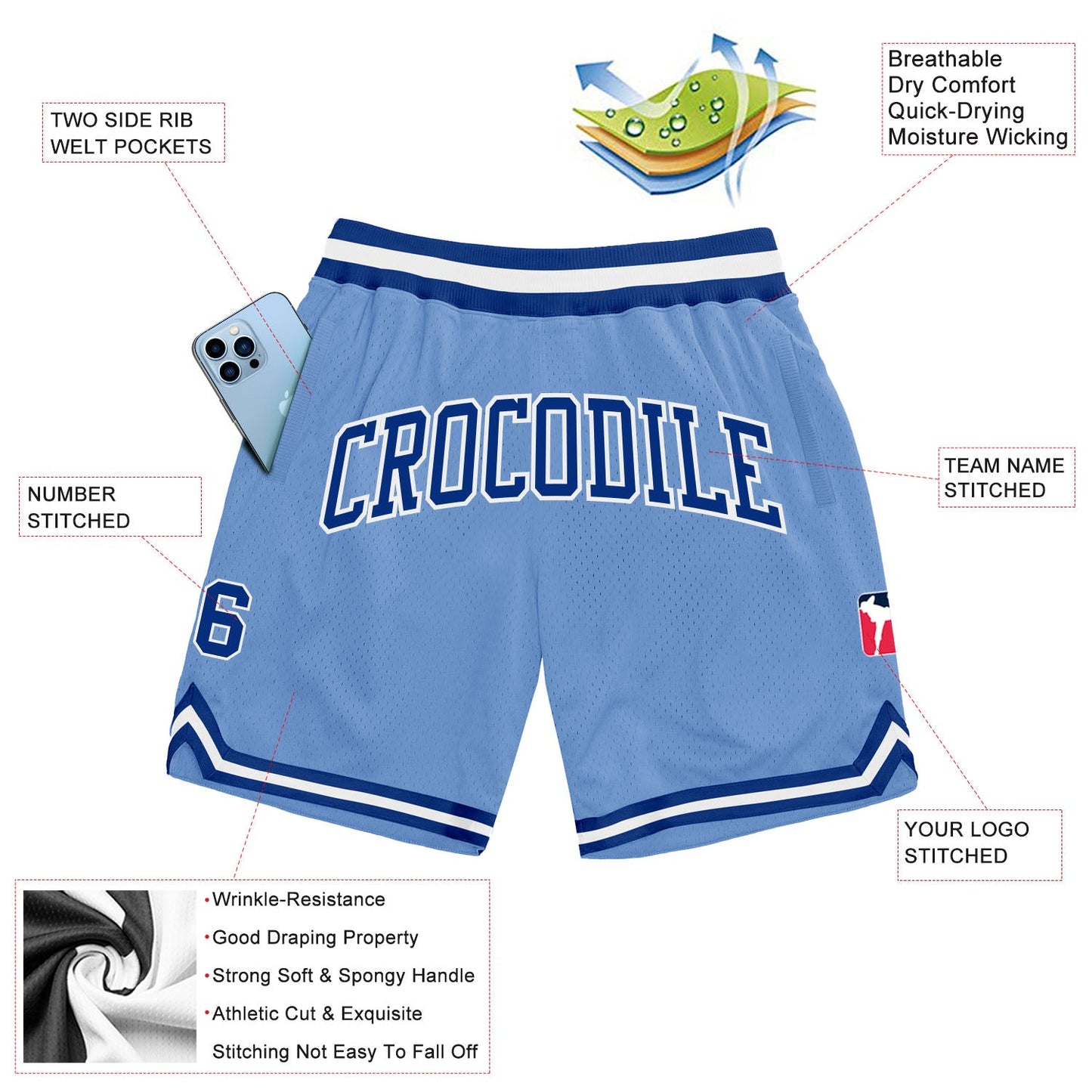 Custom Light Blue Royal-White Authentic Throwback Basketball Shorts view 2