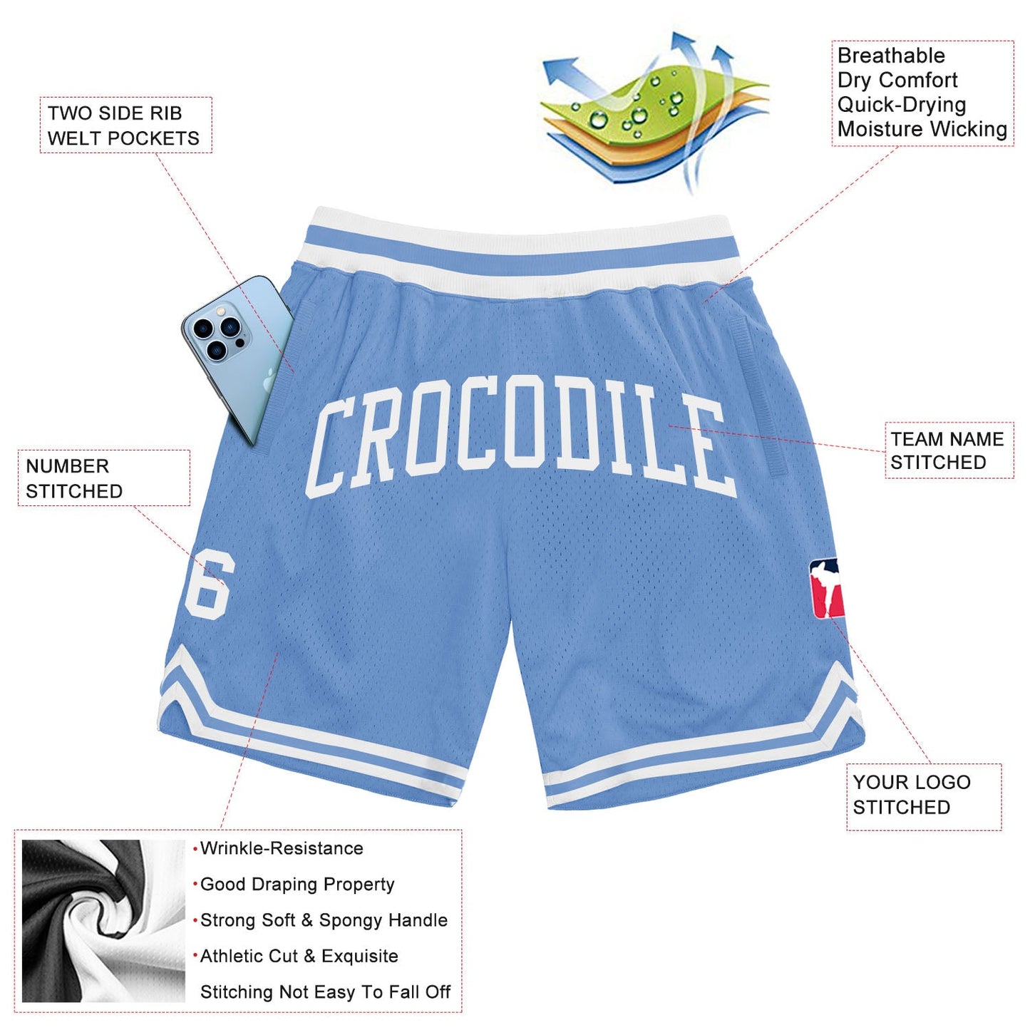 Custom Light Blue White Authentic Throwback Basketball Shorts view 2