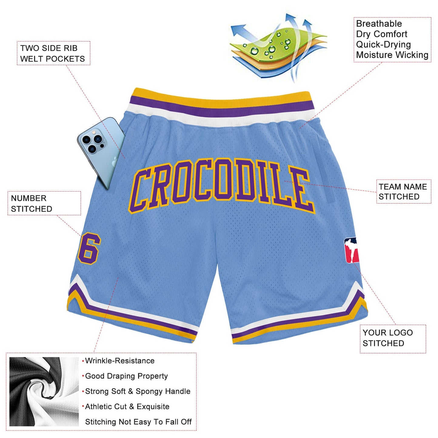 Custom Light Blue Purple-Gold Authentic Throwback Basketball Shorts view 2
