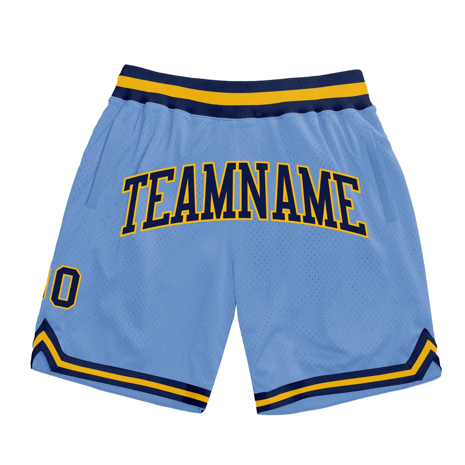 Custom Light Blue Navy-Gold Authentic Throwback Basketball Shorts - Main View