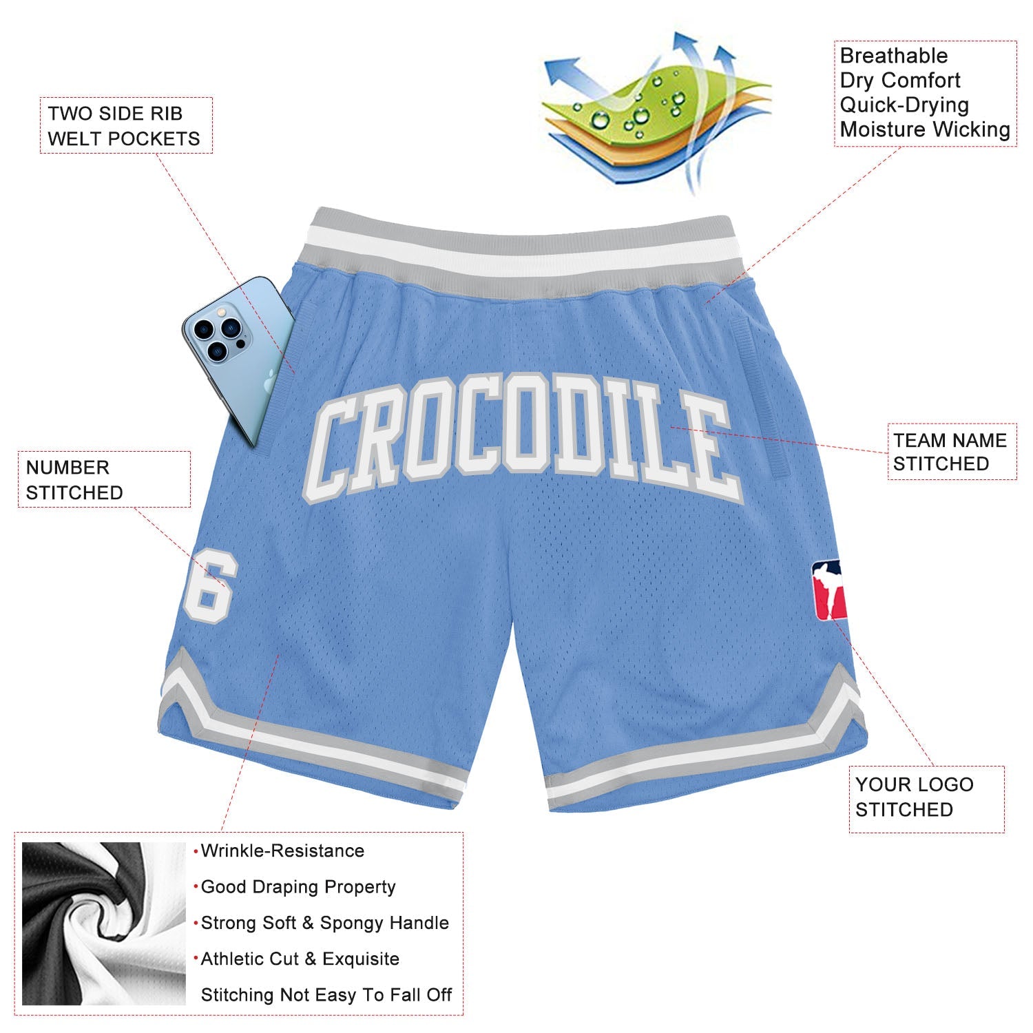 Custom Light Blue White-Gray Authentic Throwback Basketball Shorts view 2
