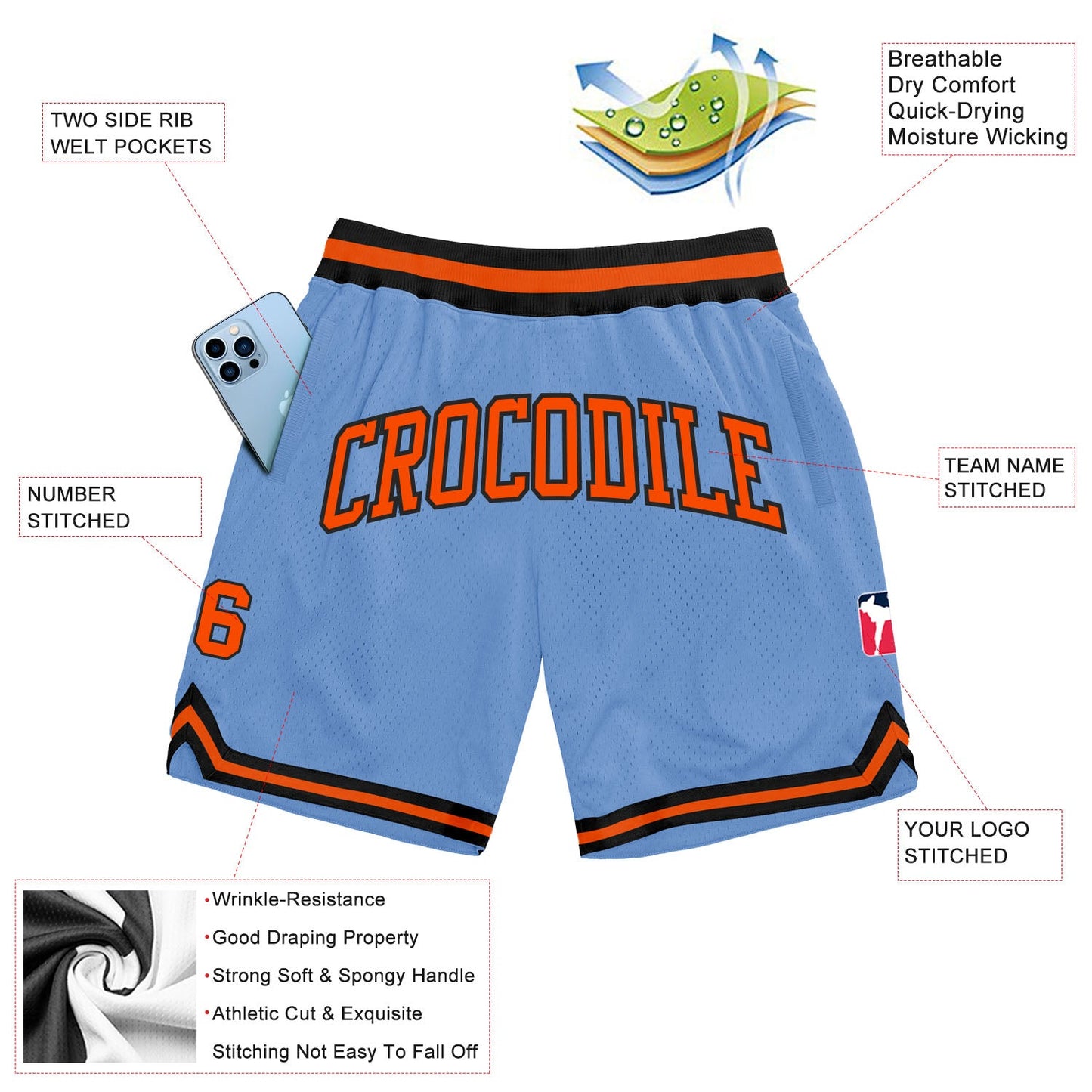 Custom Light Blue Orange-Black Authentic Throwback Basketball Shorts view 2