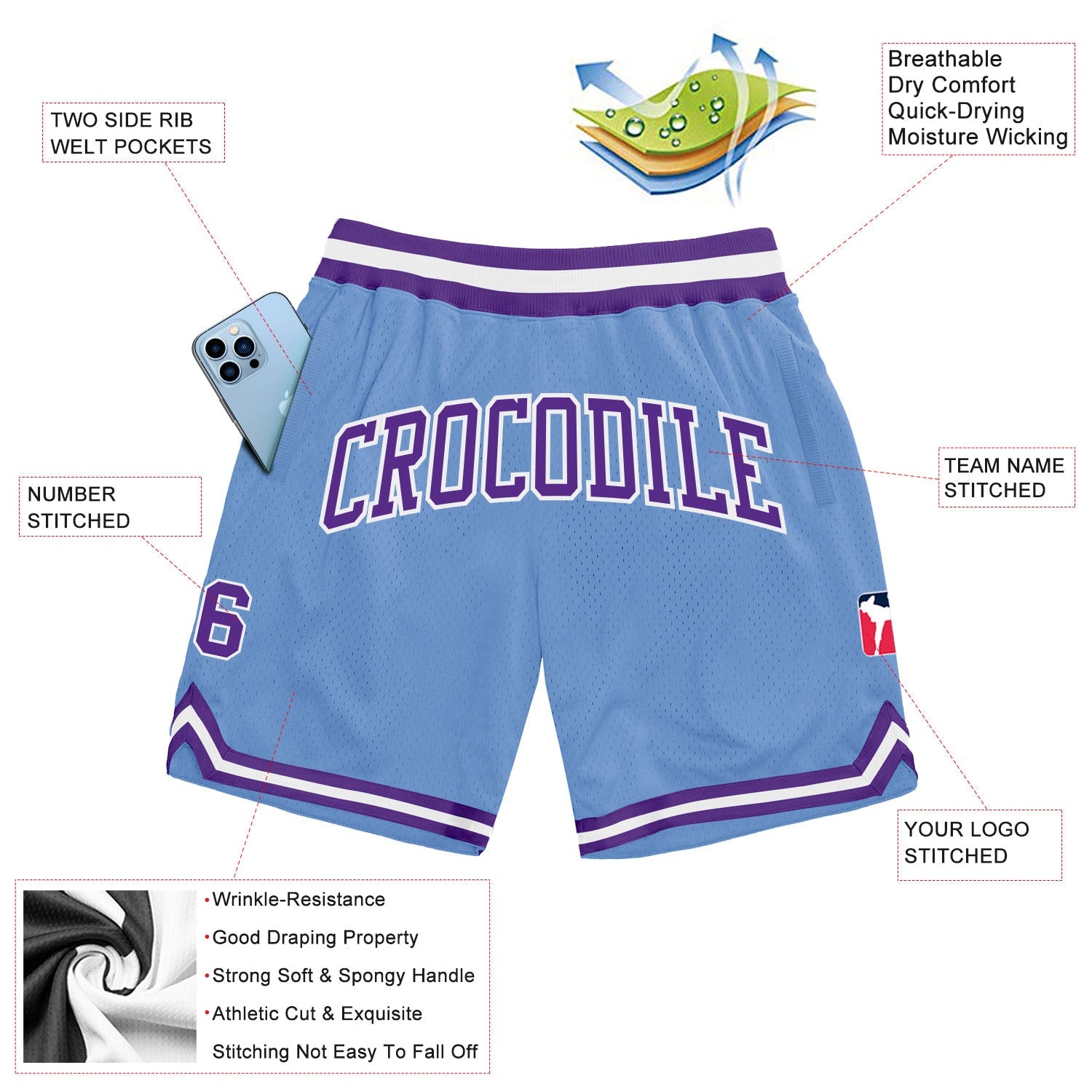 Custom Light Blue Purple-White Authentic Throwback Basketball Shorts view 2