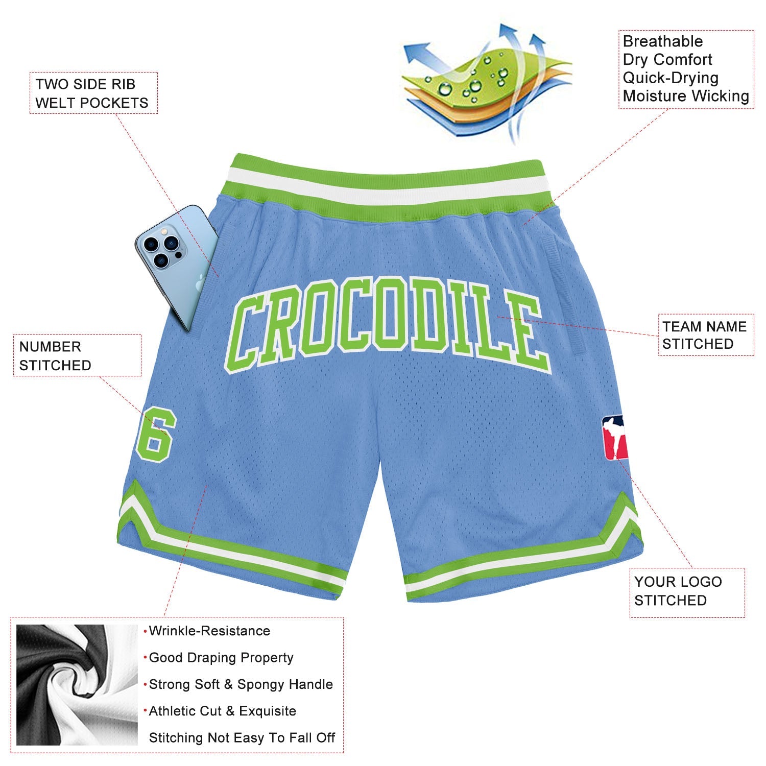 Custom Light Blue Neon Green-White Authentic Throwback Basketball Shorts view 2