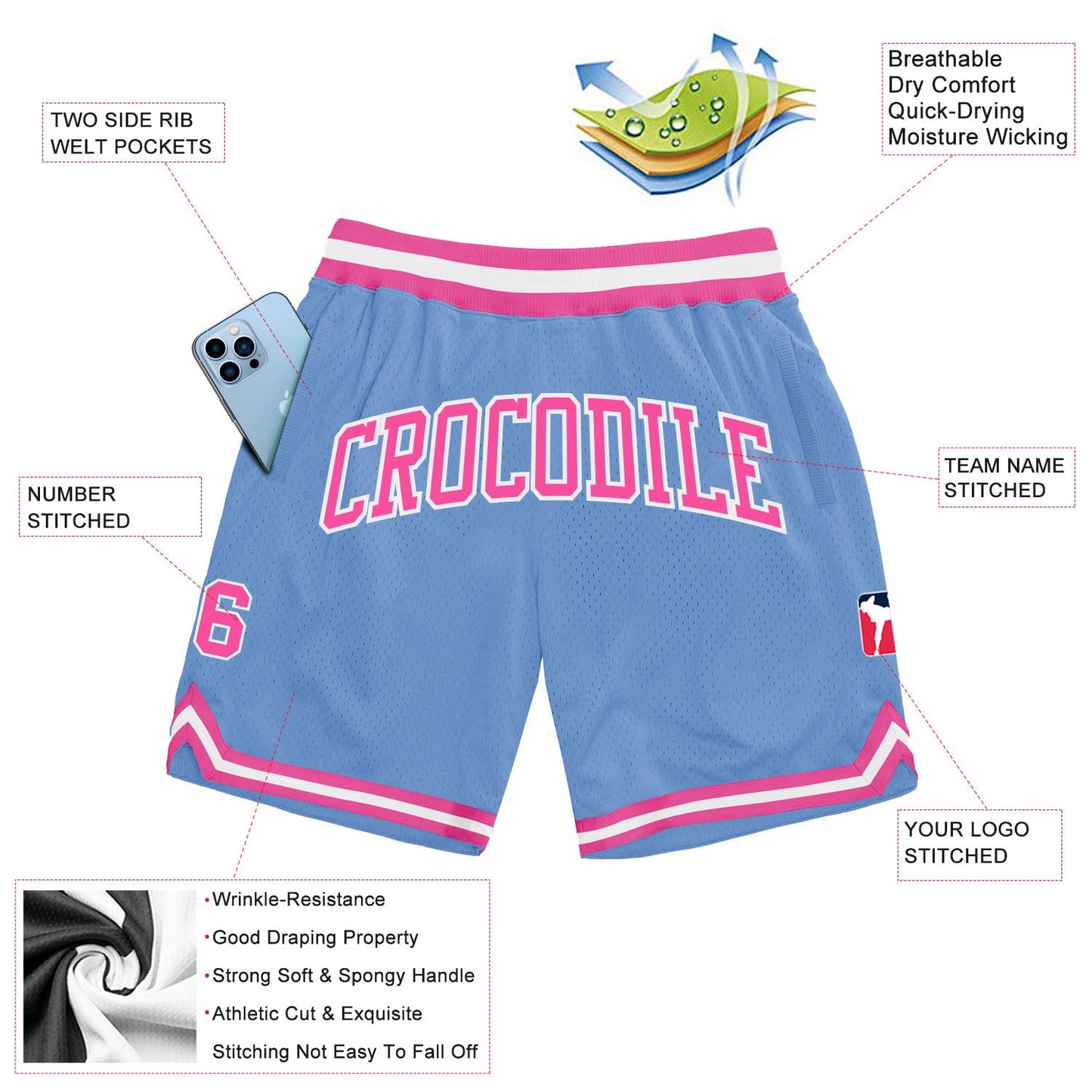 Custom Light Blue Pink-White Authentic Throwback Basketball Shorts view 2