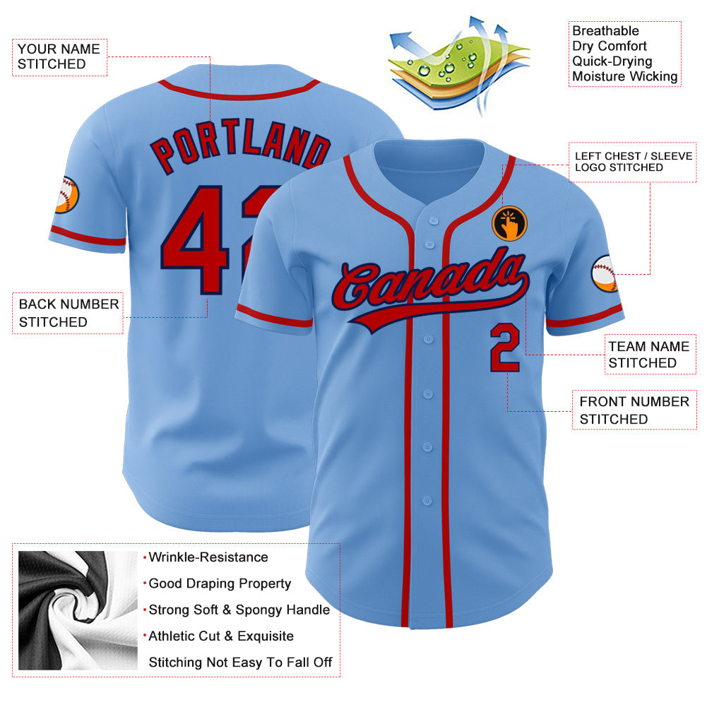 Custom Light Blue Red-Navy Authentic Baseball Jersey view 3