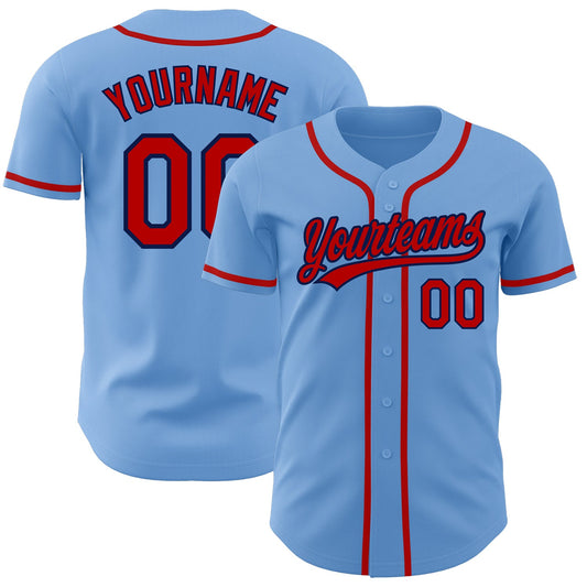 Custom Light Blue Red-Navy Authentic Baseball Jersey - Main View