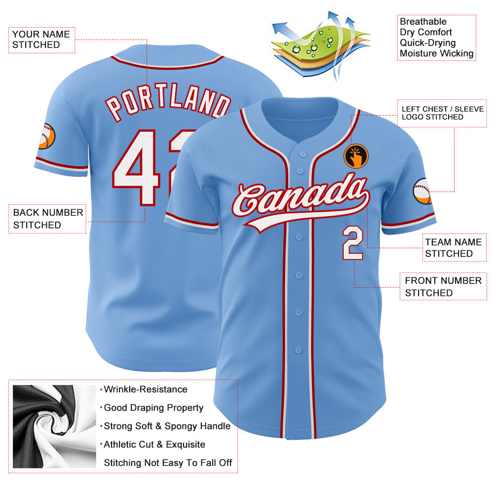 Custom Light Blue White-Red Authentic Baseball Jersey view 4