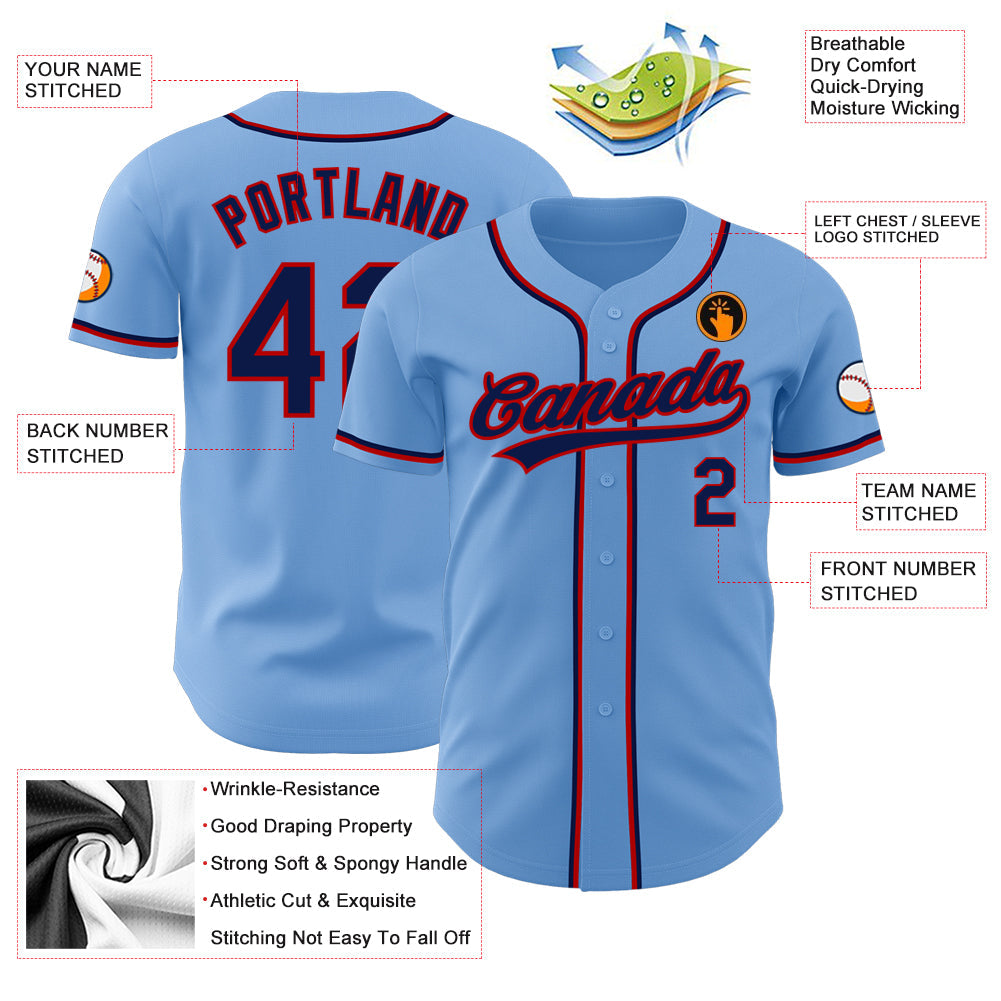 Custom Light Blue Navy-Red Authentic Baseball Jersey view 3