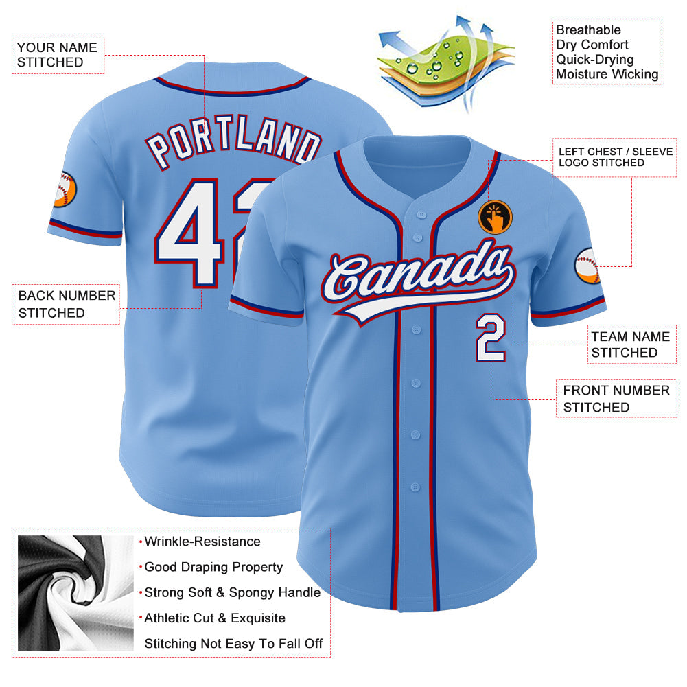 Custom Light Blue White Royal-Red Authentic Baseball Jersey view 3