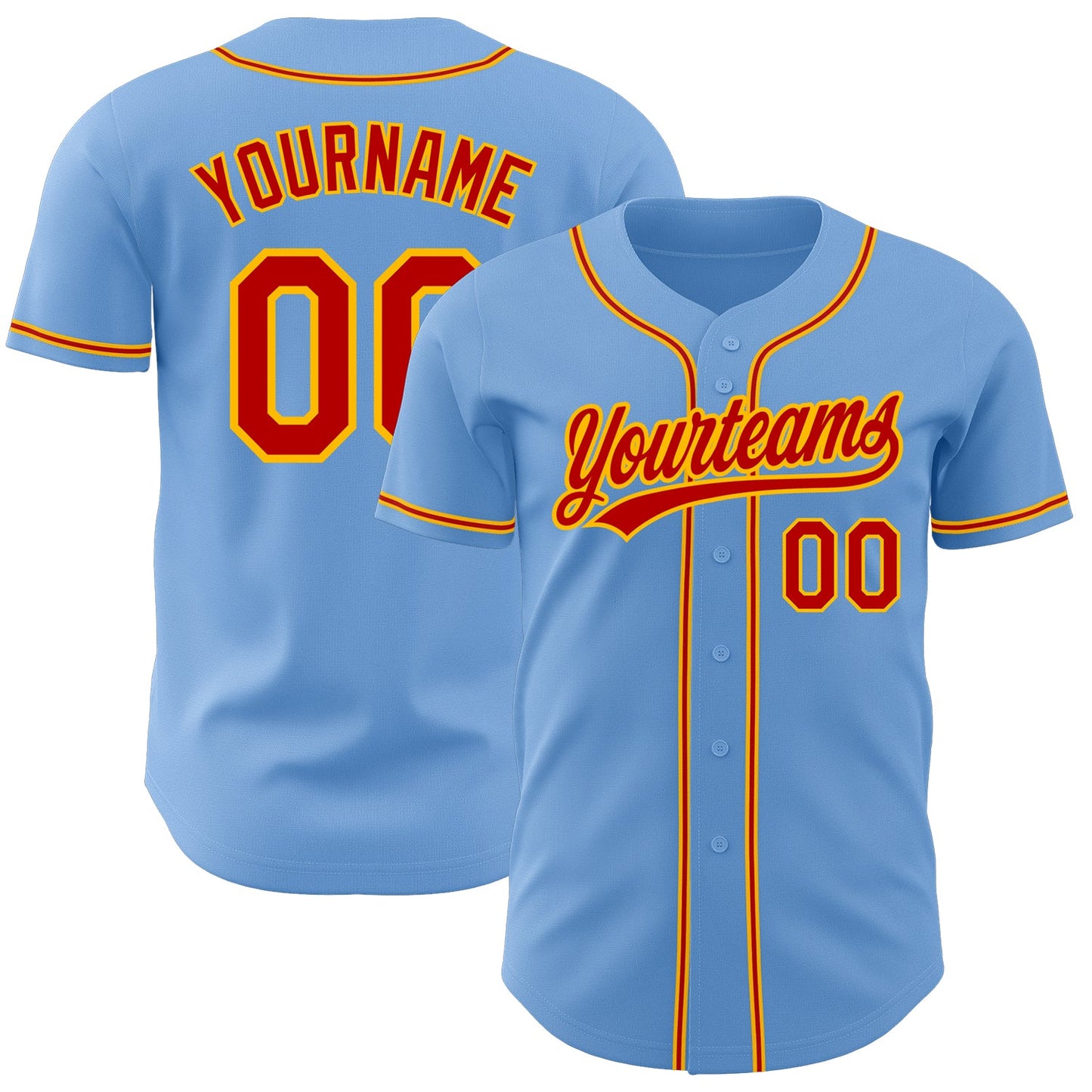 Custom Light Blue Red-Gold Authentic Baseball Jersey - Main View