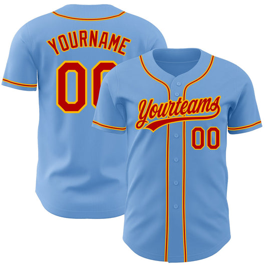 Custom Light Blue Red-Gold Authentic Baseball Jersey - Main View