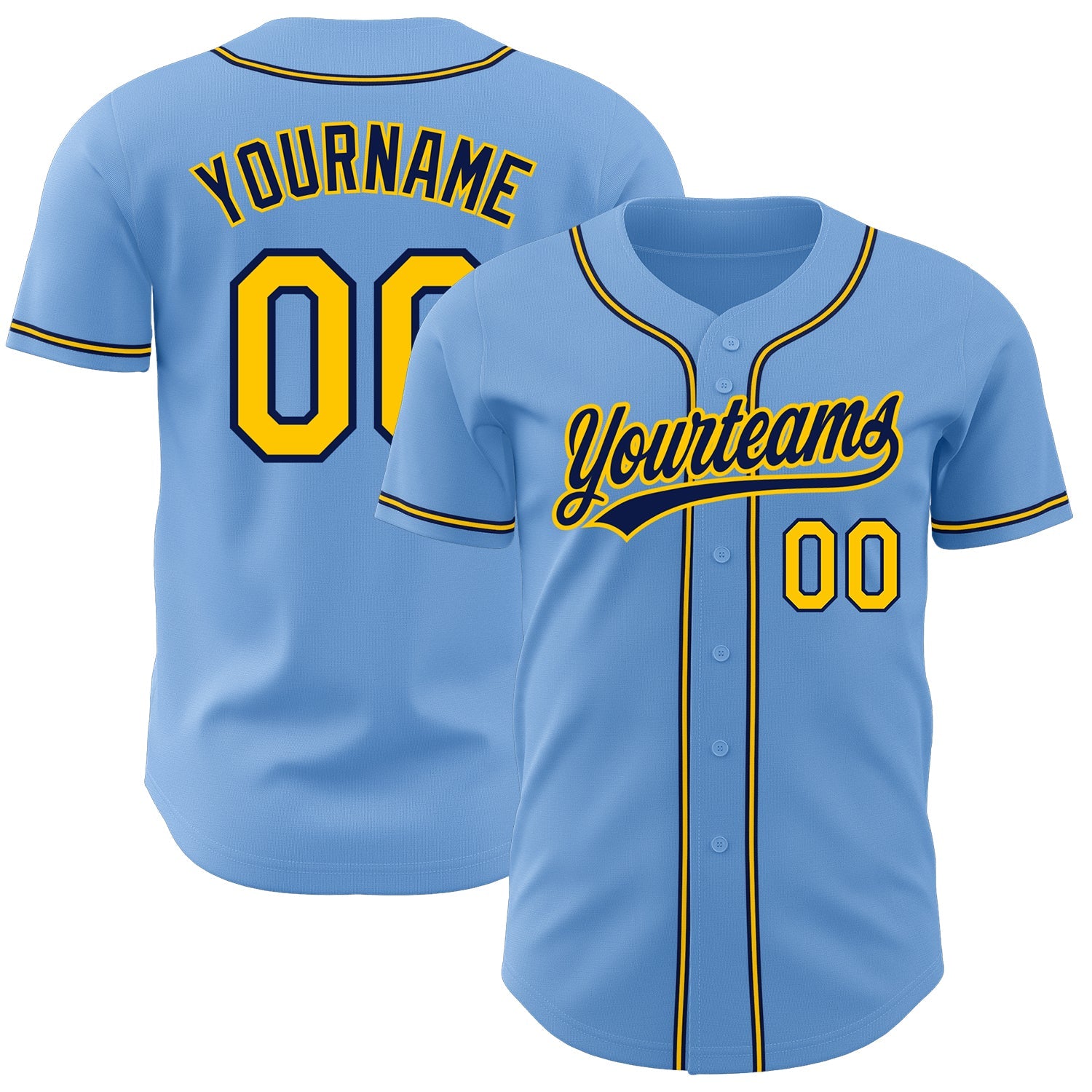 Custom Light Blue Gold-Navy Authentic Baseball Jersey - Main View