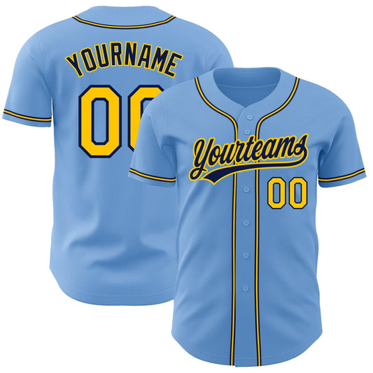 Custom Light Blue Gold-Navy Authentic Baseball Jersey - Main View