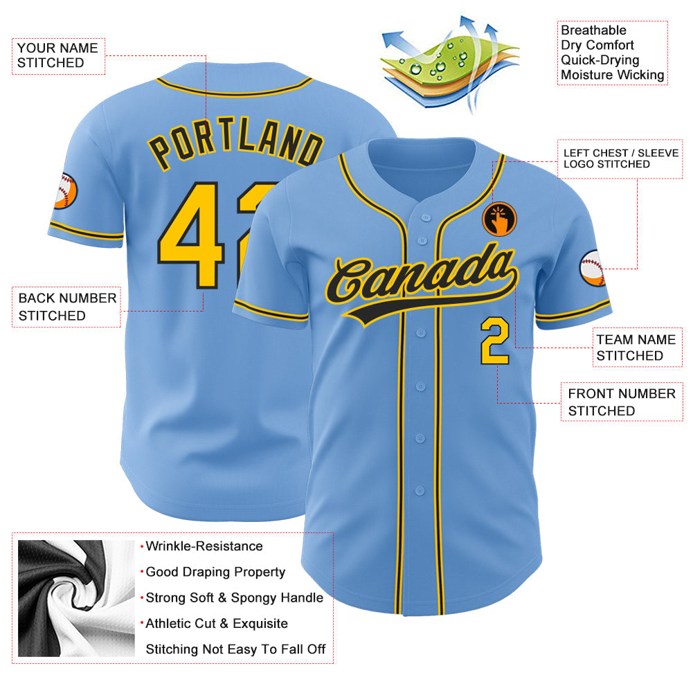 Custom Light Blue Black-Gold Authentic Baseball Jersey view 3