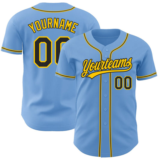 Custom Light Blue Black-Gold Authentic Baseball Jersey - Main View