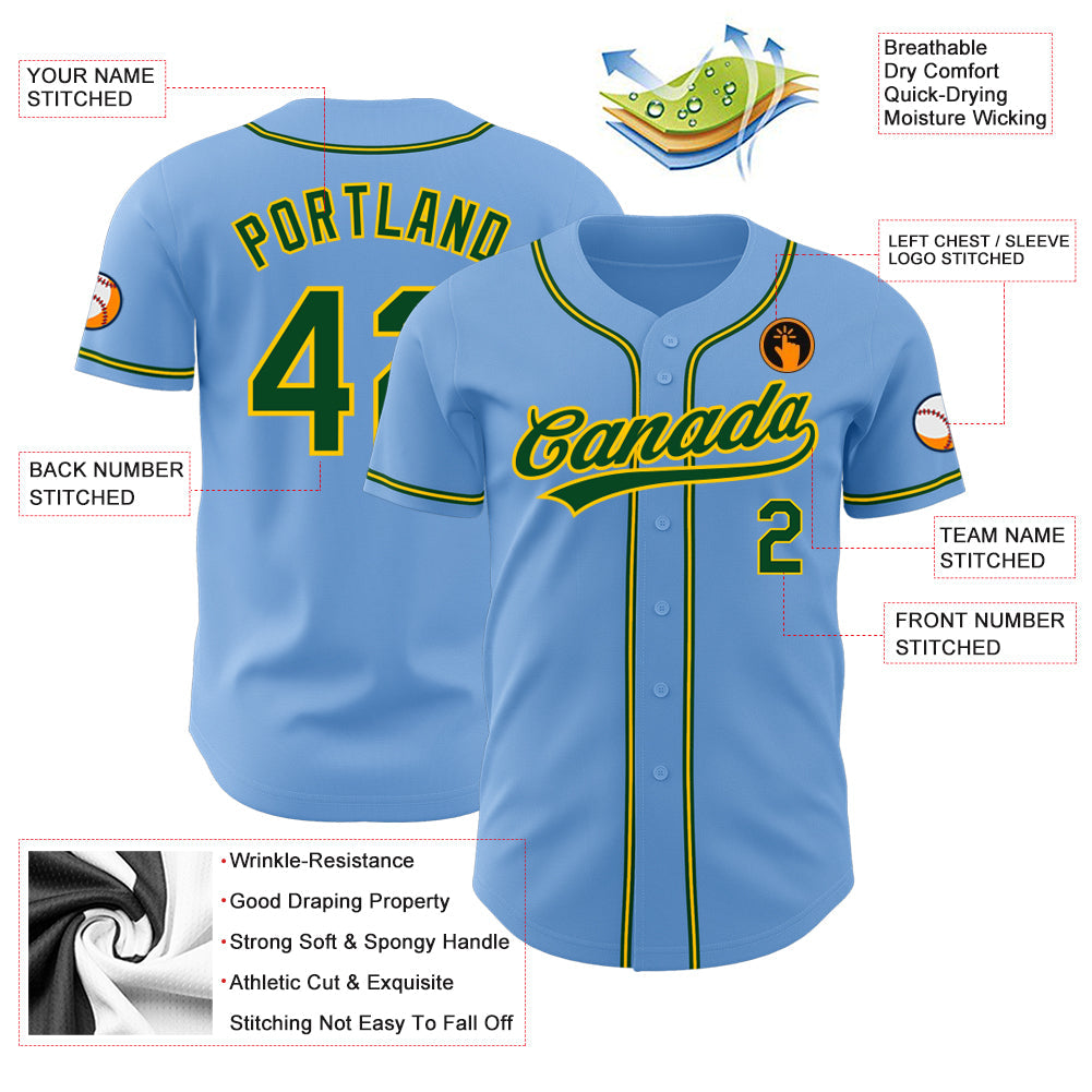 Custom Light Blue Green-Gold Authentic Baseball Jersey view 3