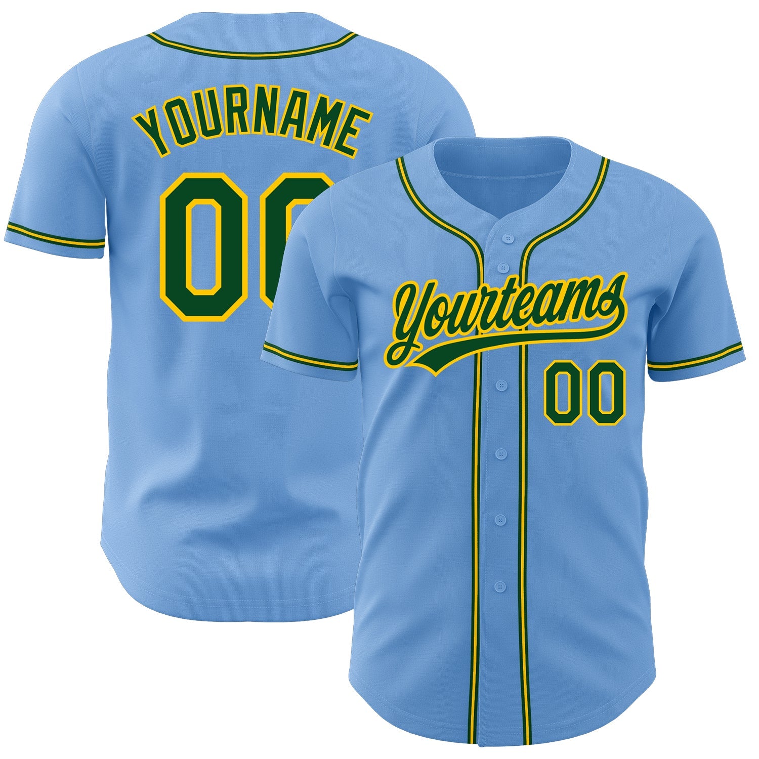 Custom Light Blue Green-Gold Authentic Baseball Jersey - Main View