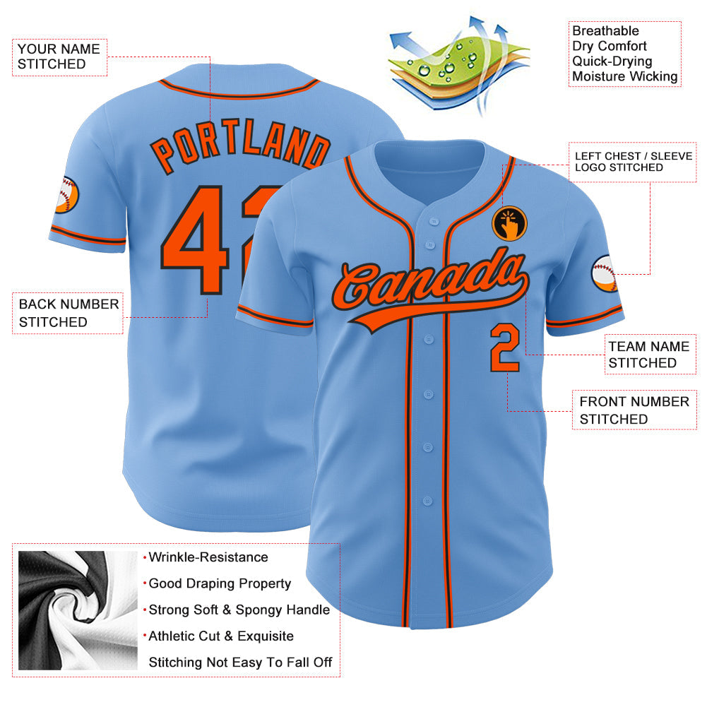 Custom Light Blue Orange-Black Authentic Baseball Jersey view 3
