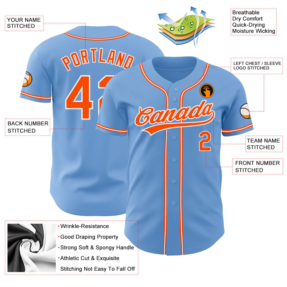 Custom Light Blue Orange-White Authentic Baseball Jersey view 3
