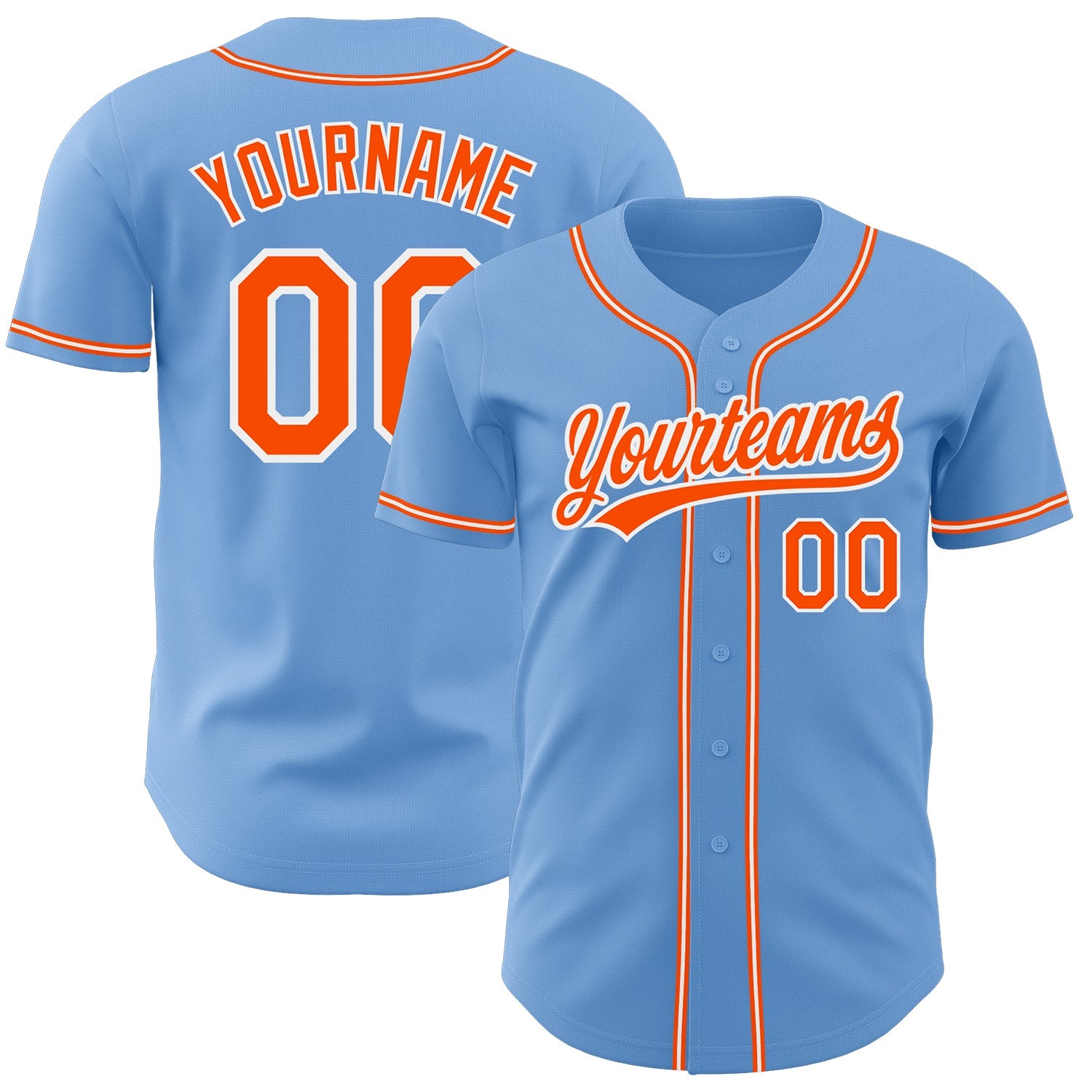 Custom Light Blue Orange-White Authentic Baseball Jersey - Main View