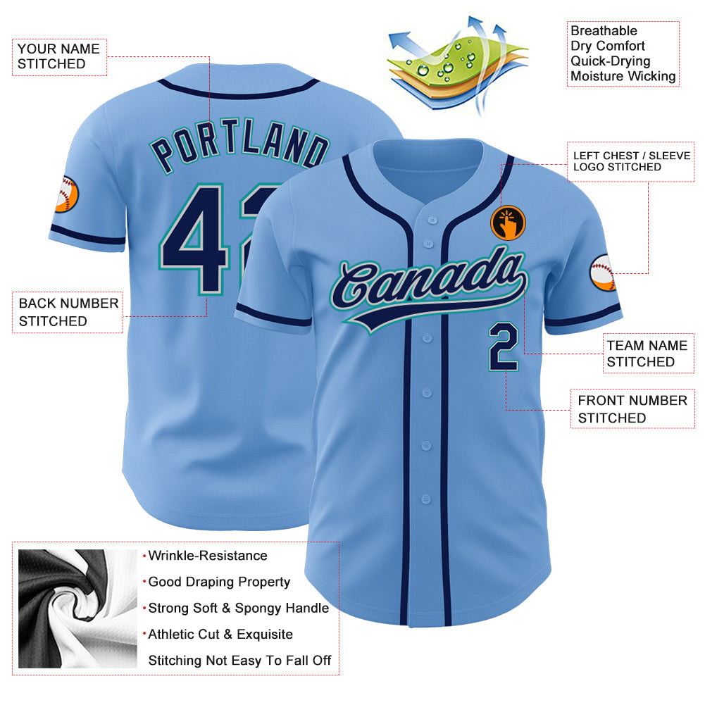 Custom Light Blue Navy Gray-Teal Authentic Baseball Jersey view 3