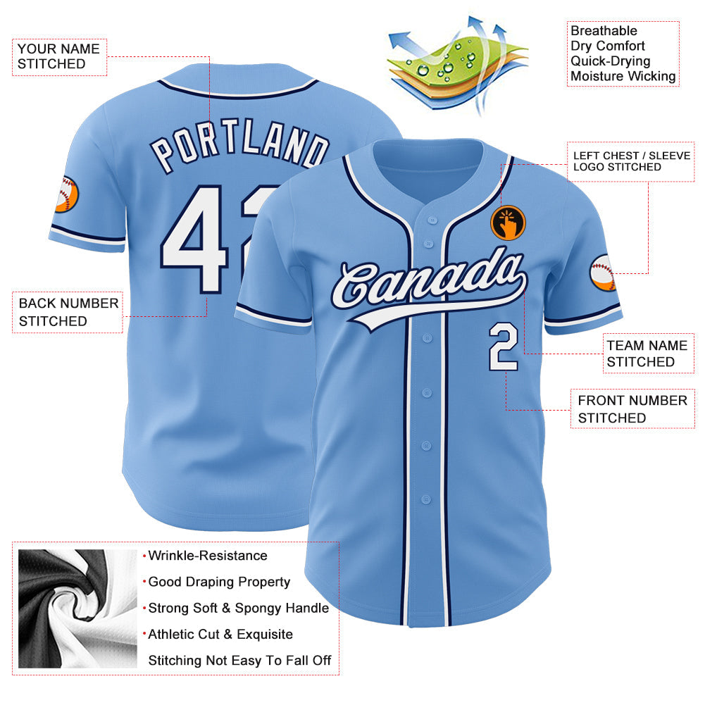 Custom Light Blue White-Navy Authentic Baseball Jersey view 3