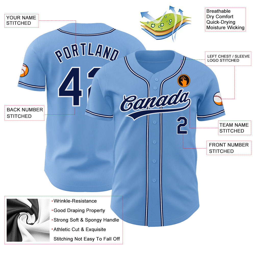Custom Light Blue Navy-White Authentic Baseball Jersey view 3