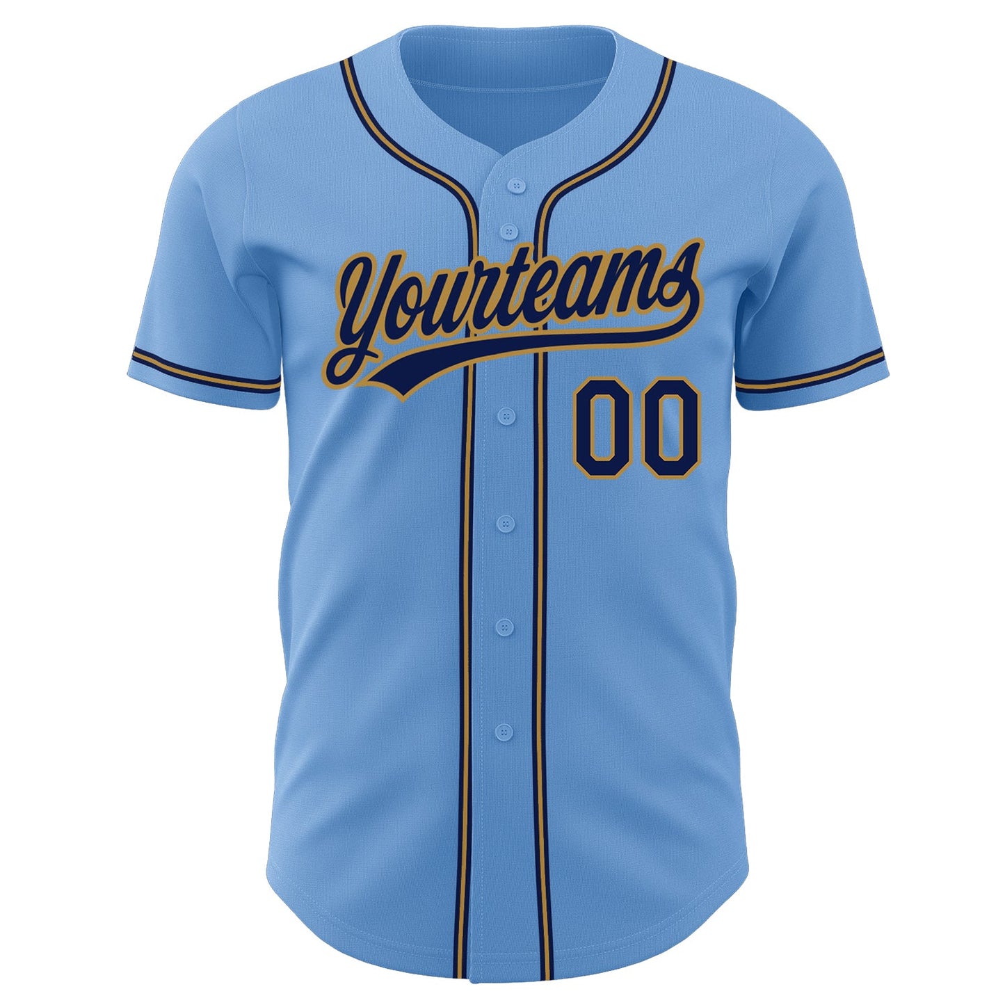 Custom Light Blue Navy-Old Gold Authentic Baseball Jersey view 2