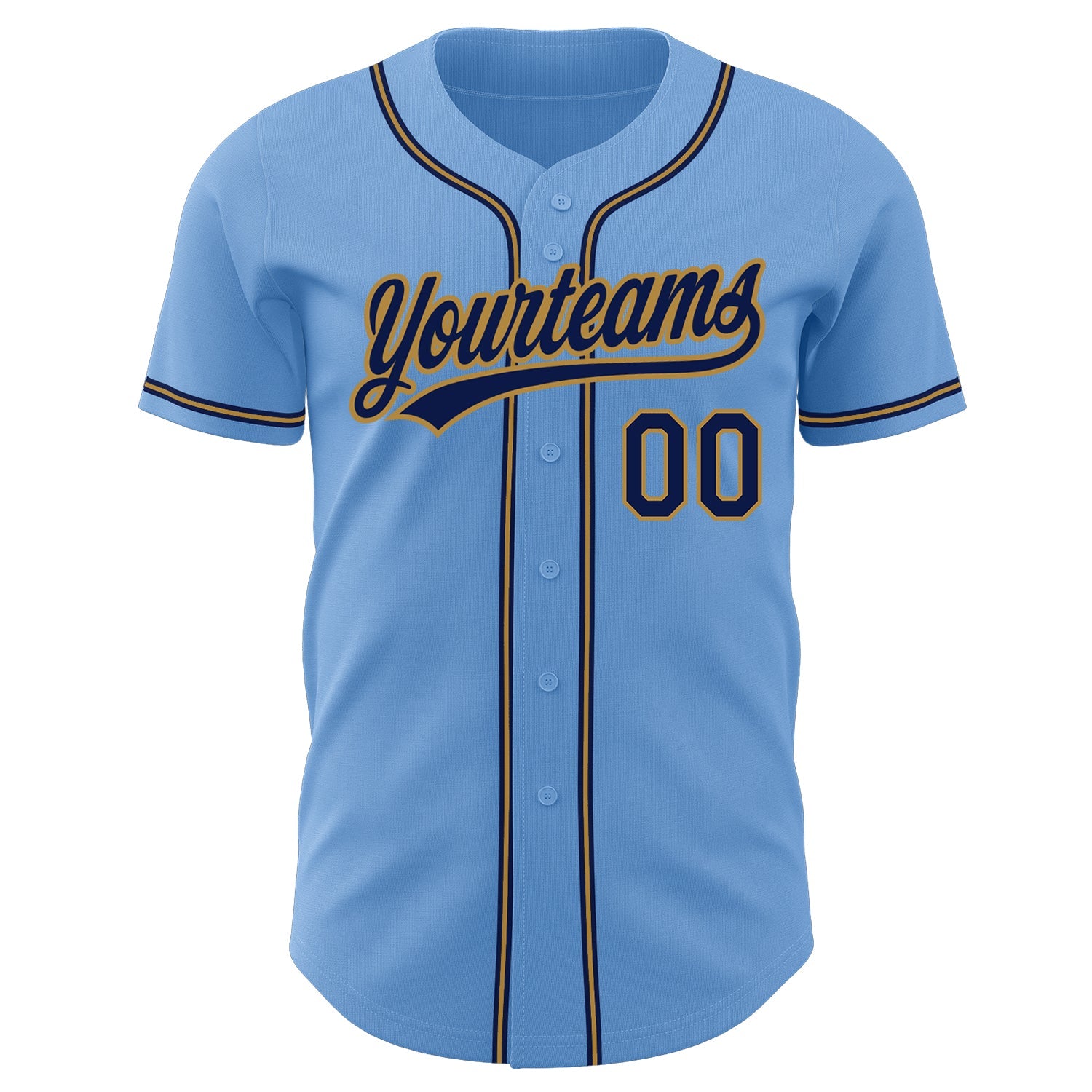 Custom Light Blue Navy-Old Gold Authentic Baseball Jersey view 2