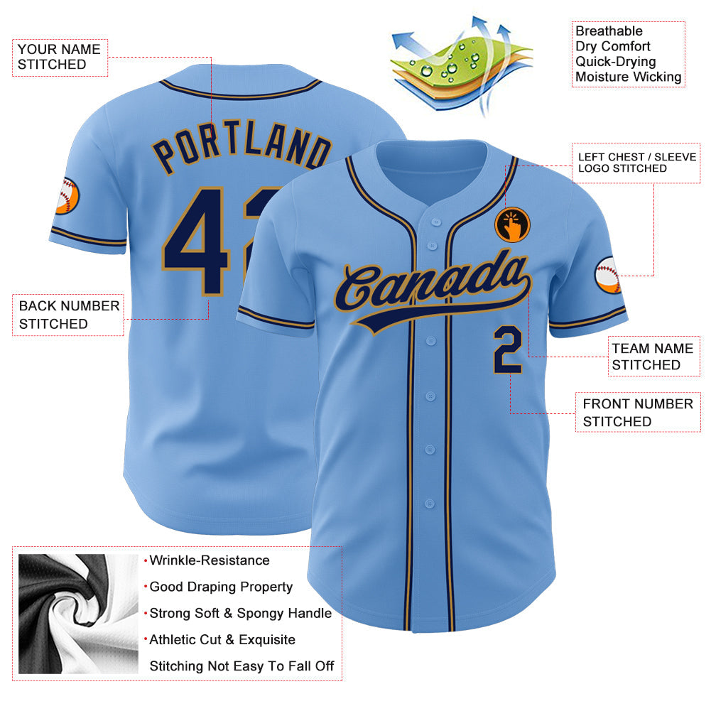 Custom Light Blue Navy-Old Gold Authentic Baseball Jersey view 3