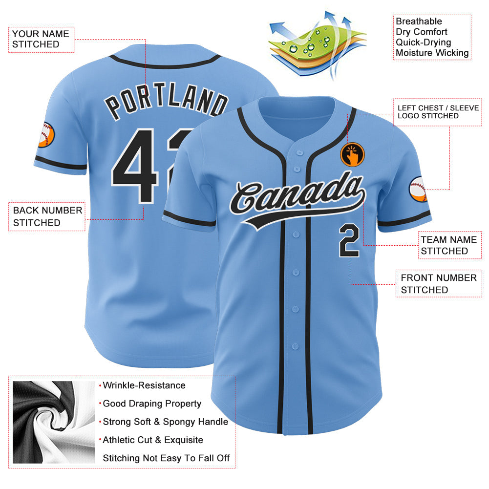 Custom Light Blue Black-White Authentic Baseball Jersey view 3