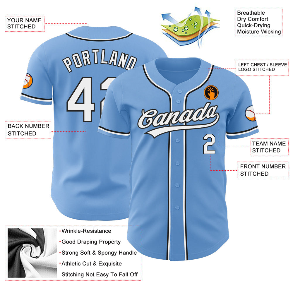 Custom Light Blue White-Black Authentic Baseball Jersey view 3