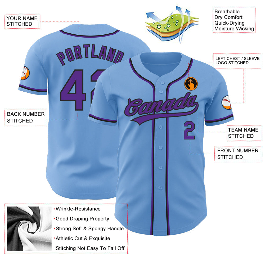 Custom Light Blue Purple-Black Authentic Baseball Jersey view 3