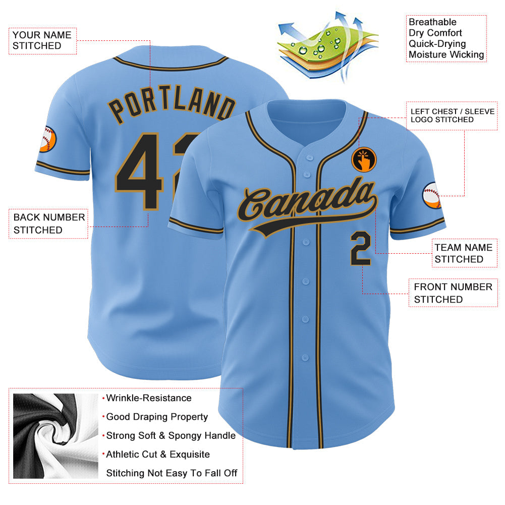 Custom Light Blue Black-Old Gold Authentic Baseball Jersey view 3