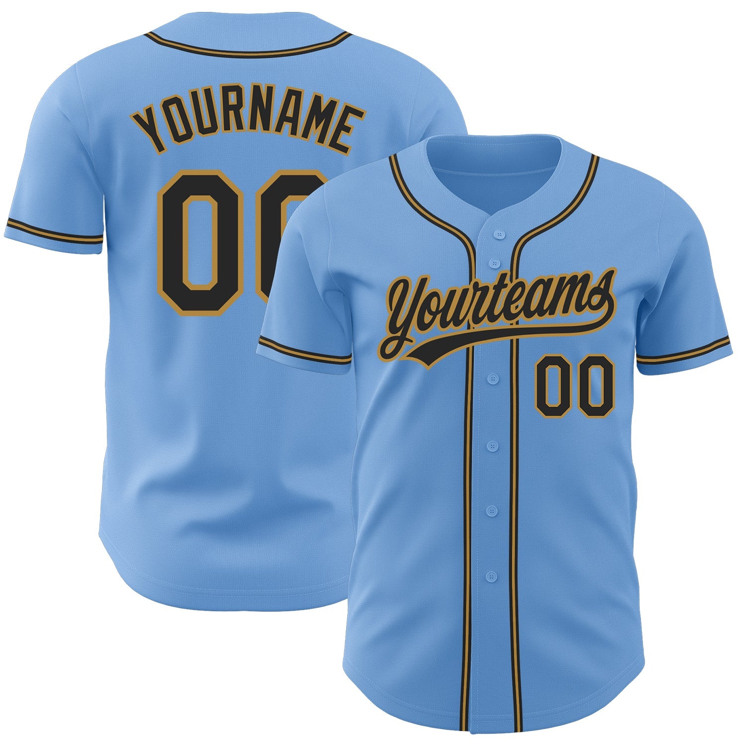 Custom Light Blue Black-Old Gold Authentic Baseball Jersey - Main View