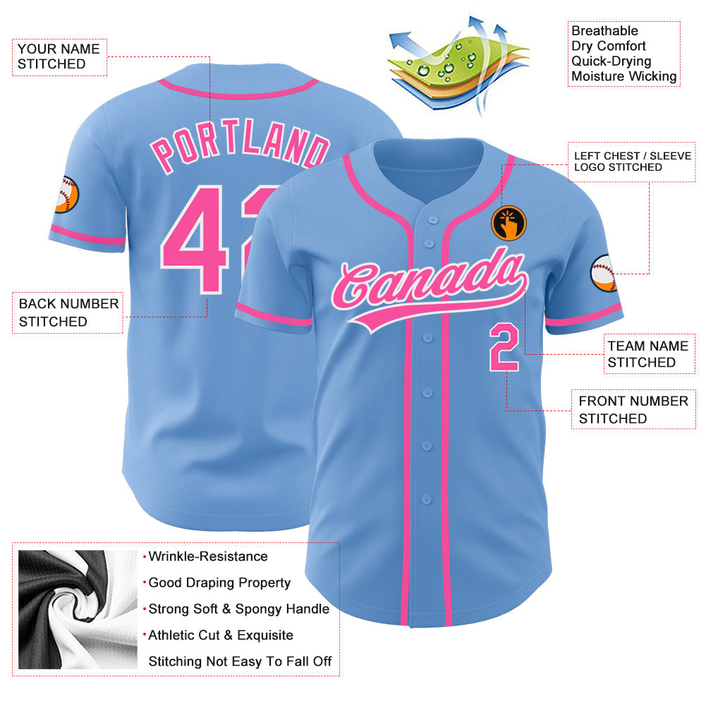 Custom Light Blue Pink-White Authentic Baseball Jersey view 3
