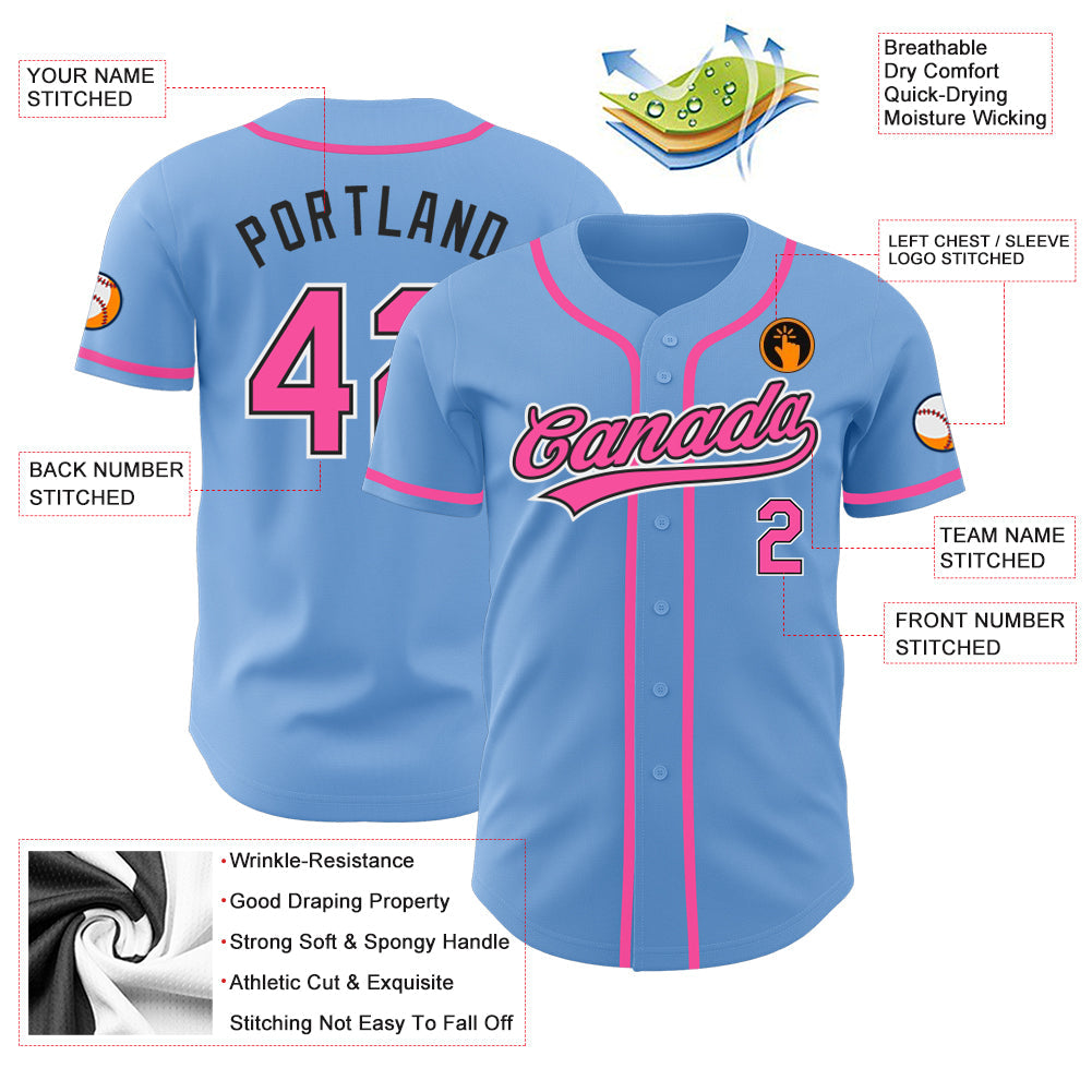 Custom Light Blue Pink-Black Authentic Baseball Jersey view 3