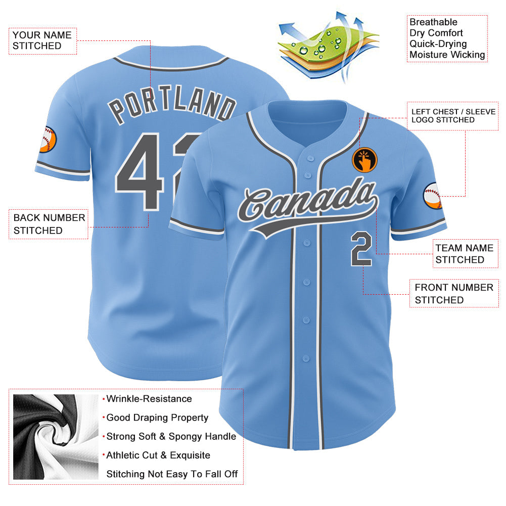 Custom Light Blue Steel Gray-White Authentic Baseball Jersey view 3