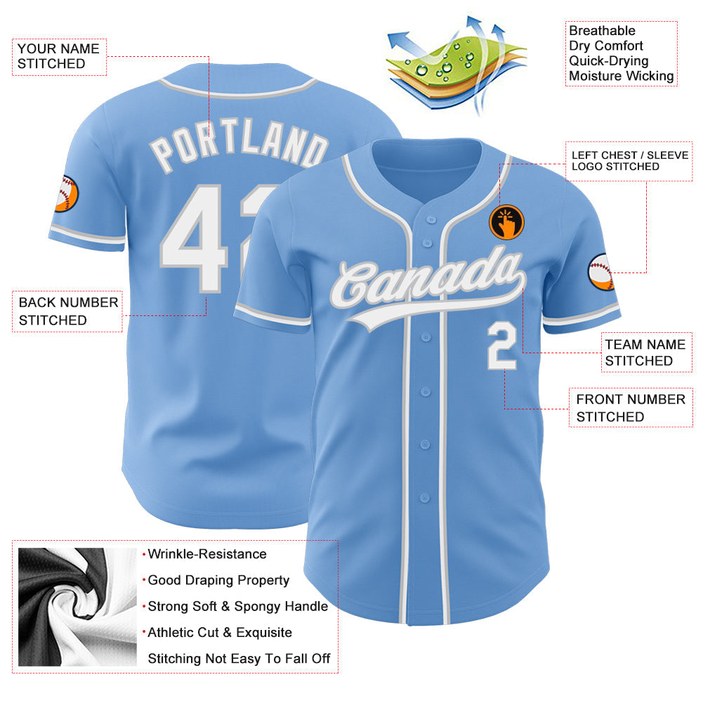 Custom Light Blue White-Gray Authentic Baseball Jersey view 3
