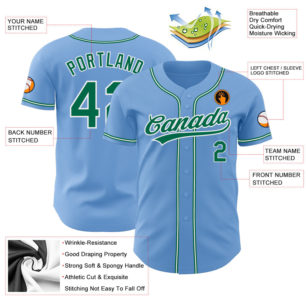 Custom Light Blue Kelly Green-White Authentic Baseball Jersey view 3