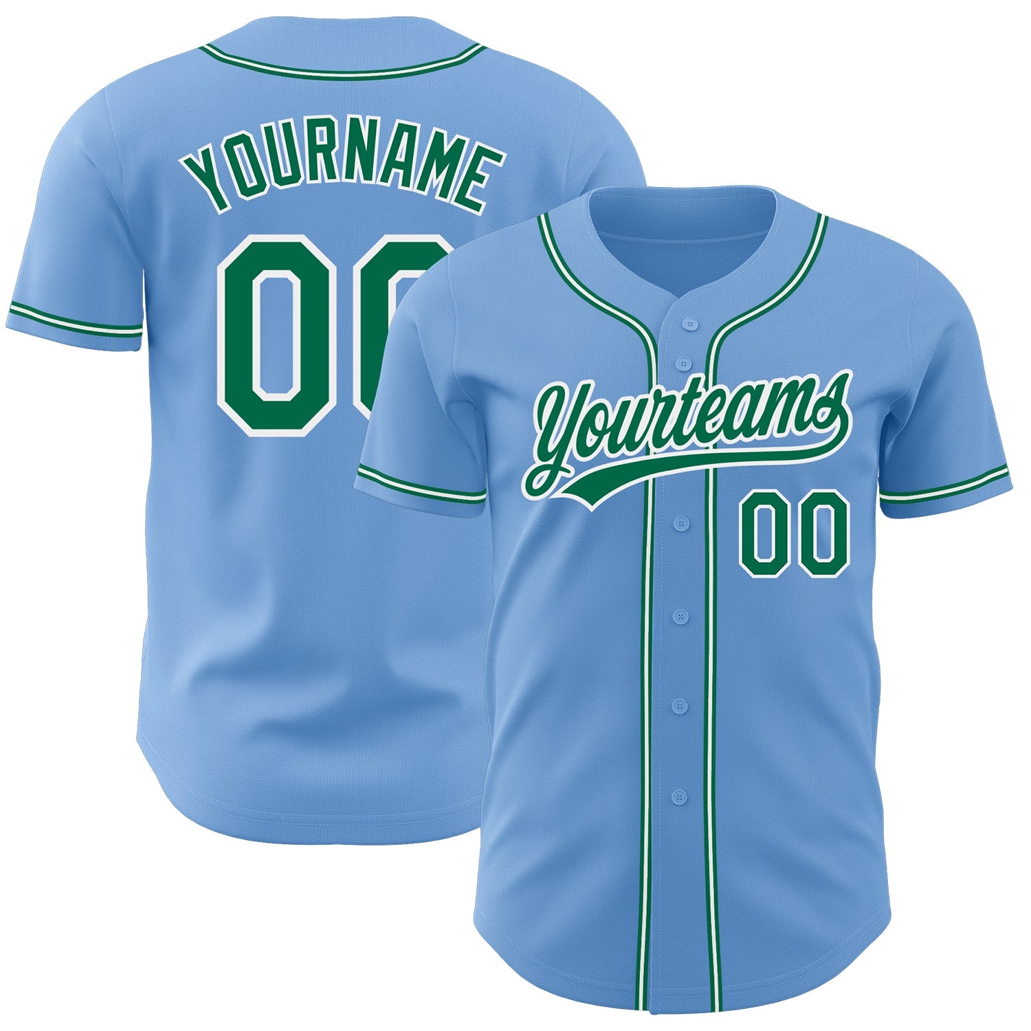 Custom Light Blue Kelly Green-White Authentic Baseball Jersey - Main View